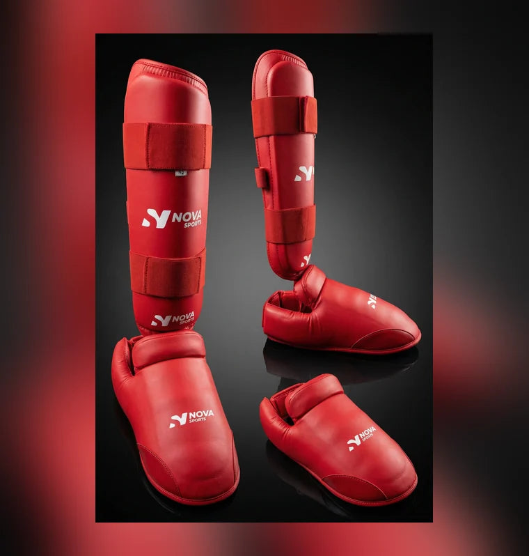 Nova Sports Karate Shin & Foot Guard Set – Red — view 3 — Shin & Foot Guards from Nova Sports Mauritius
