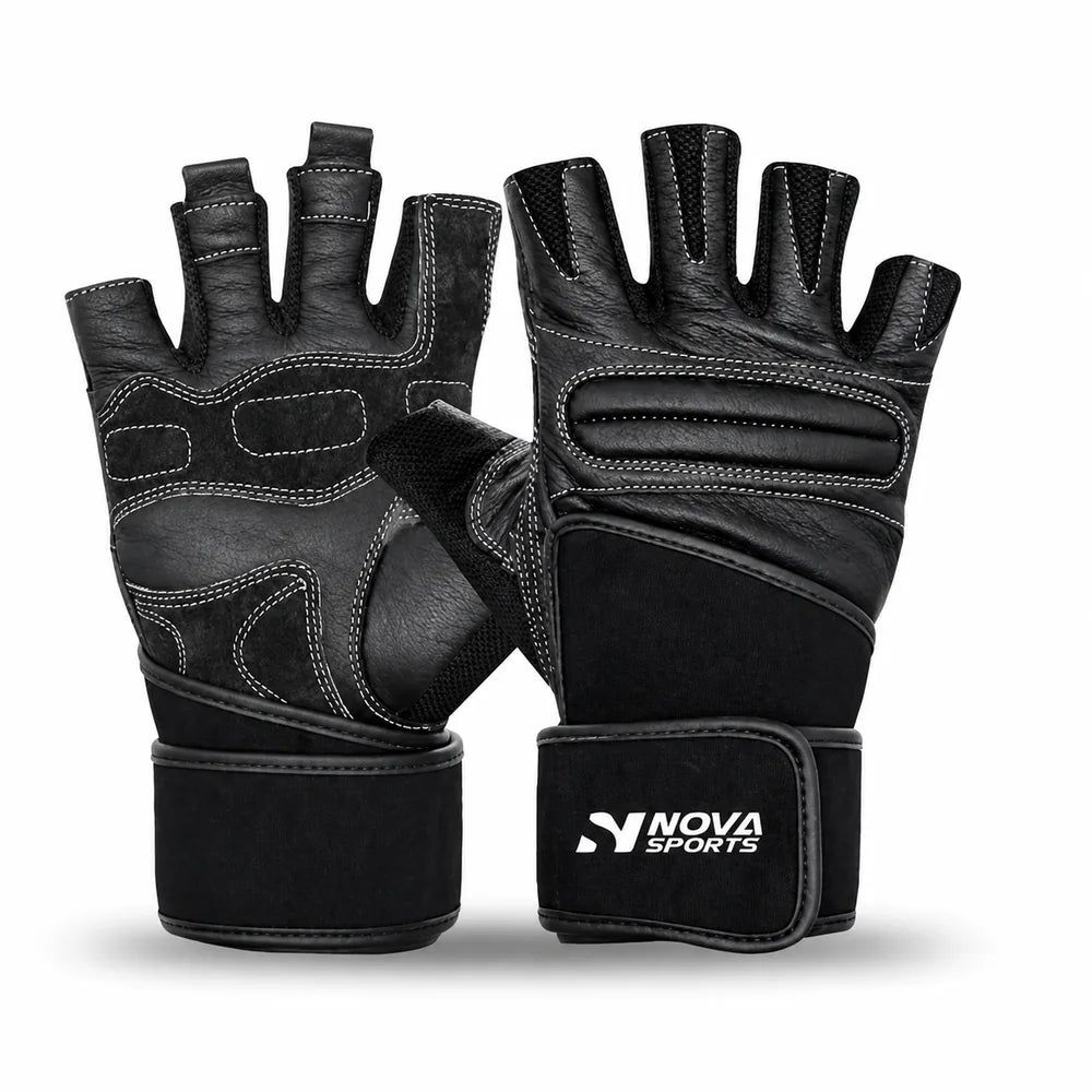 Nova Weightlifting Gloves — Black Leather, Mesh Back — view 2 — Gloves from Nova Sports Mauritius
