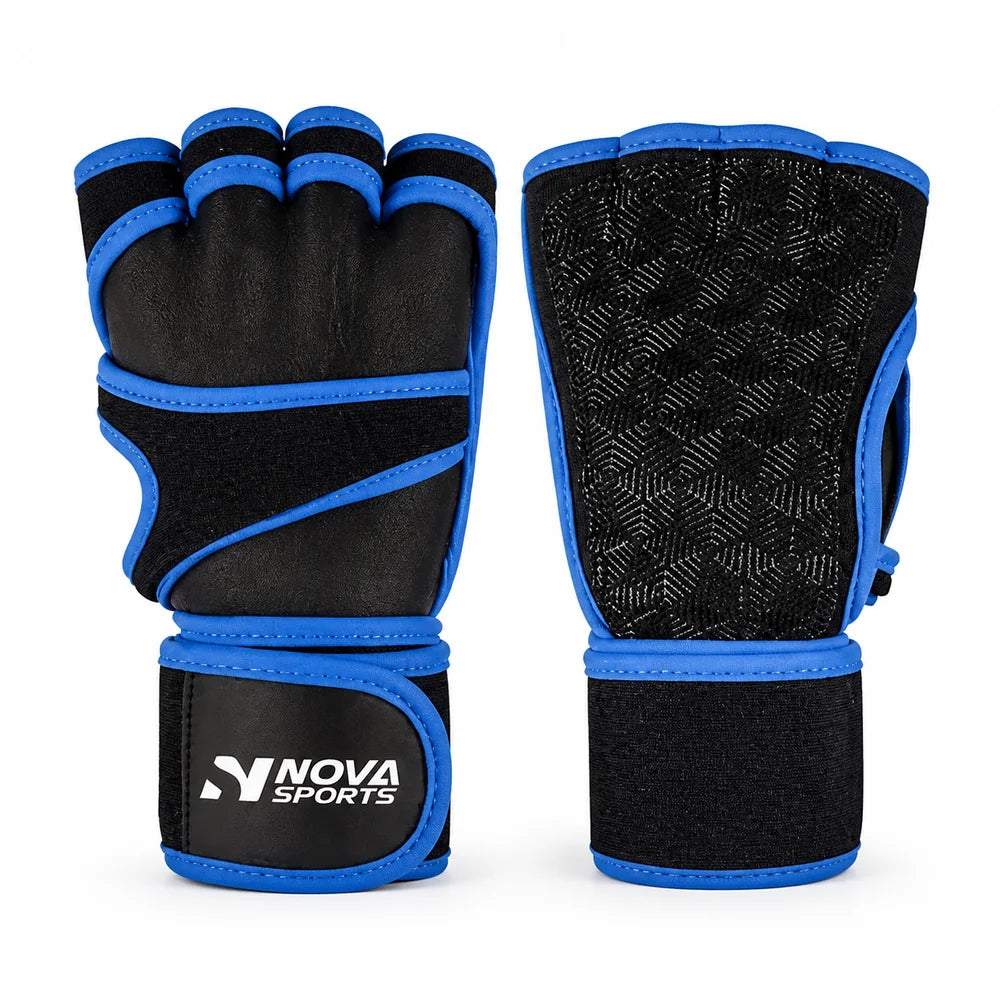 Nova Weightlifting Gloves — Blue Trim, Textured Grip Palm — view 2 — Gloves from Nova Sports Mauritius
