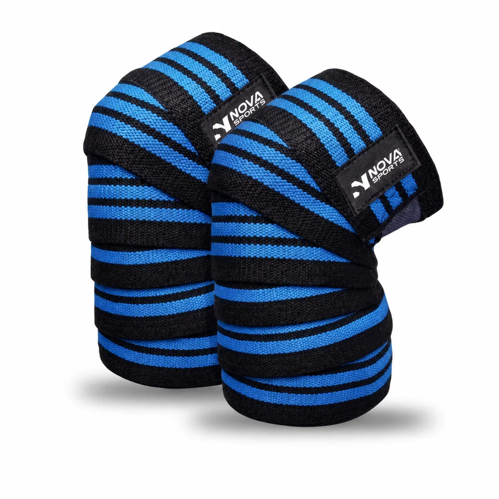 Blue and black elastic knee wraps, rolled, for heavy squats — Nova Sports Mauritius — Wraps & Sleeves from Nova Sports Mauritius
