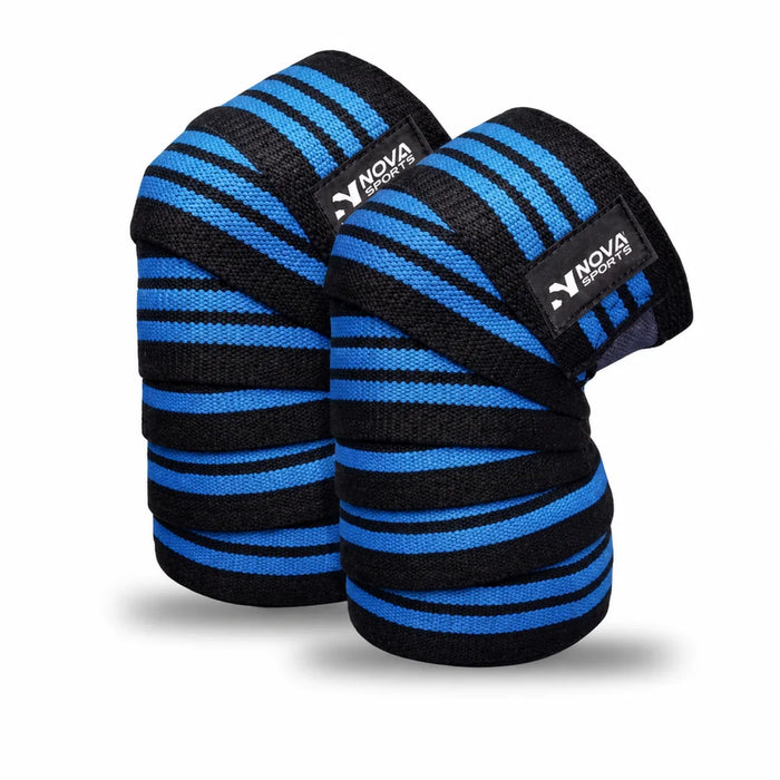 Blue and black elastic knee wraps, rolled, for heavy squats — Nova Sports Mauritius — Wraps & Sleeves available in Mauritius
