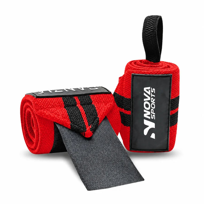 Black and red lifting wrist wraps with thumb loop and hook-and-loop tab — wrist wraps at Nova Sports Mauritius — Wraps & Sleeves available in Mauritius
