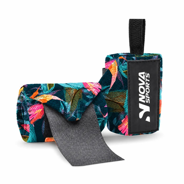 Tropical floral lifting wrist wraps in teal, pink and orange with thumb loops — Nova Sports Mauritius — Wraps & Sleeves available in Mauritius
