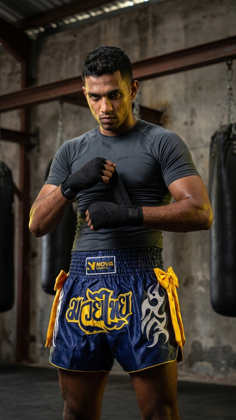 Nova Muay Thai Shorts — Navy & Yellow — view 5 — Shorts from Nova Sports Mauritius
