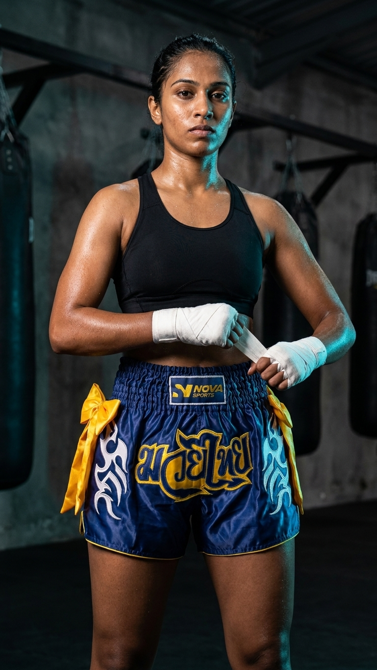 Nova Muay Thai Shorts — Navy & Yellow — view 3 — Shorts from Nova Sports Mauritius
