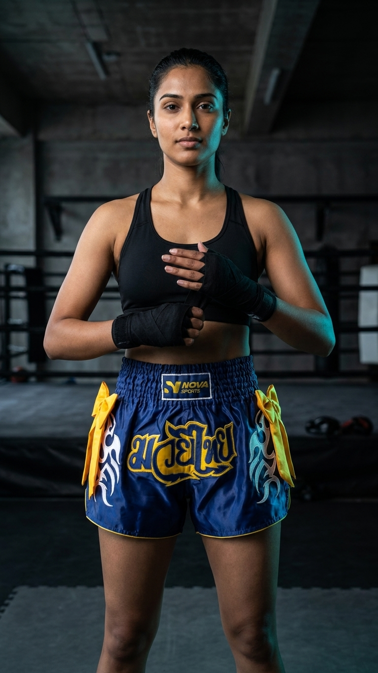 Nova Muay Thai Shorts — Navy & Yellow — view 7 — Shorts from Nova Sports Mauritius

