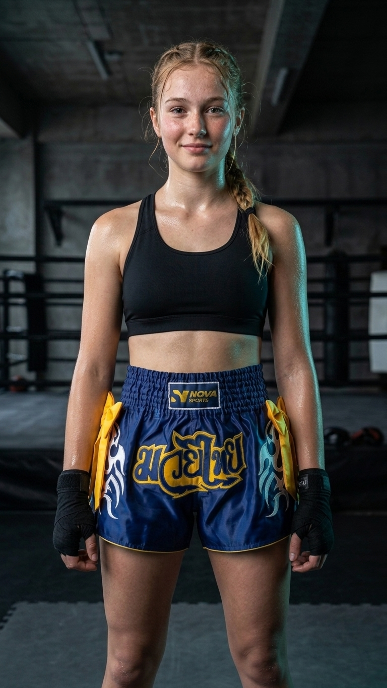 Nova Muay Thai Shorts — Navy & Yellow — view 2 — Shorts from Nova Sports Mauritius
