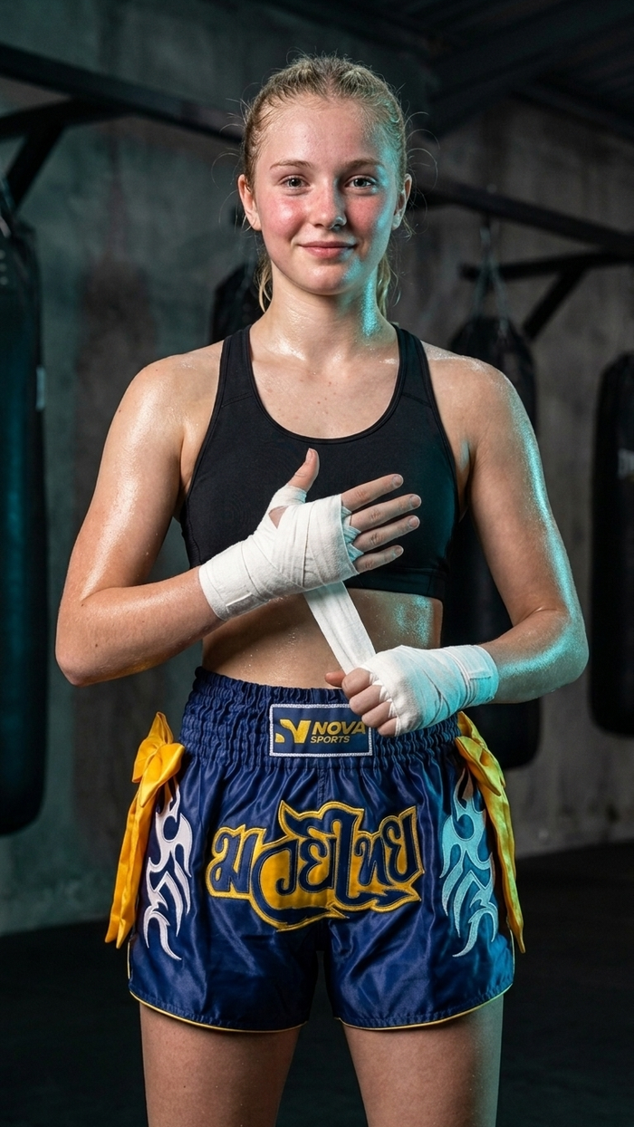 Navy satin Muay Thai shorts with yellow side panels and a shirred waistband — Nova Sports Mauritius — Shorts available in Mauritius
