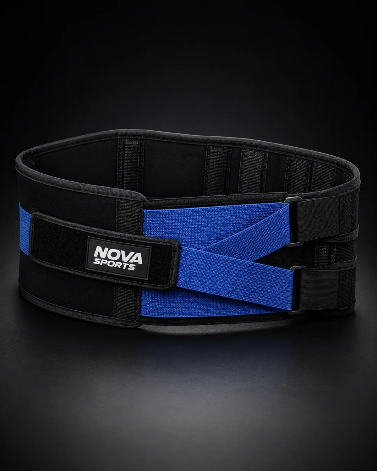 Nova Sports back support belt in black with blue elastic pull-straps — Support Belts from Nova Sports Mauritius
