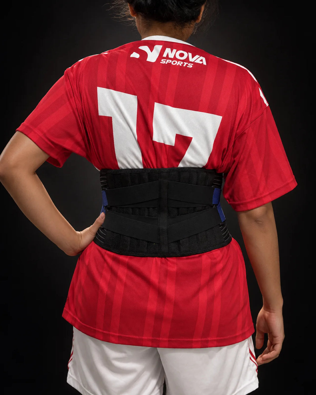 Nova Sports back support belt worn, rear view showing lumbar panel — Support Belts from Nova Sports Mauritius
