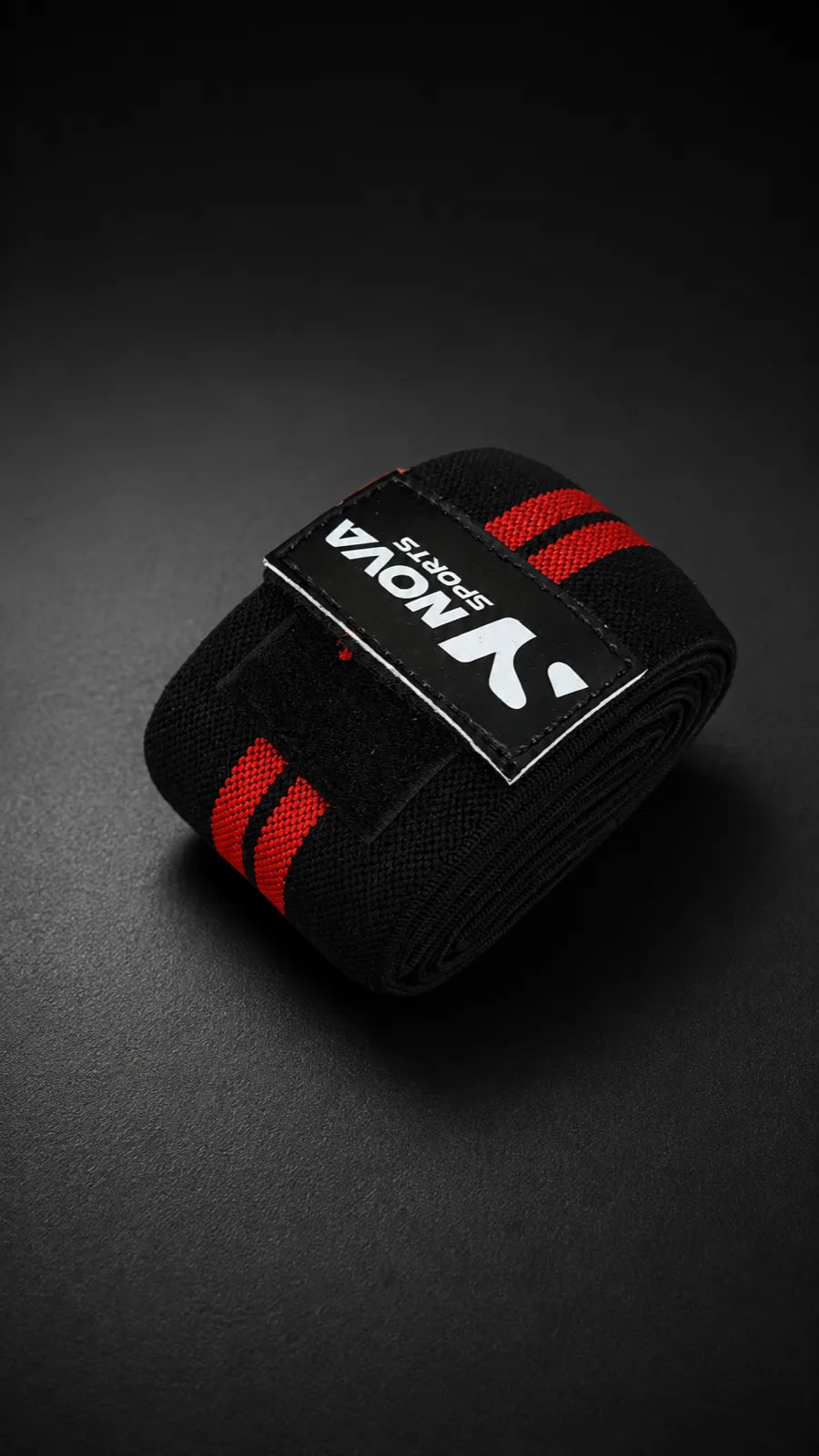 Nova Sports lifting wrist wraps in black with red stripes, rolled — Wraps & Sleeves from Nova Sports Mauritius
