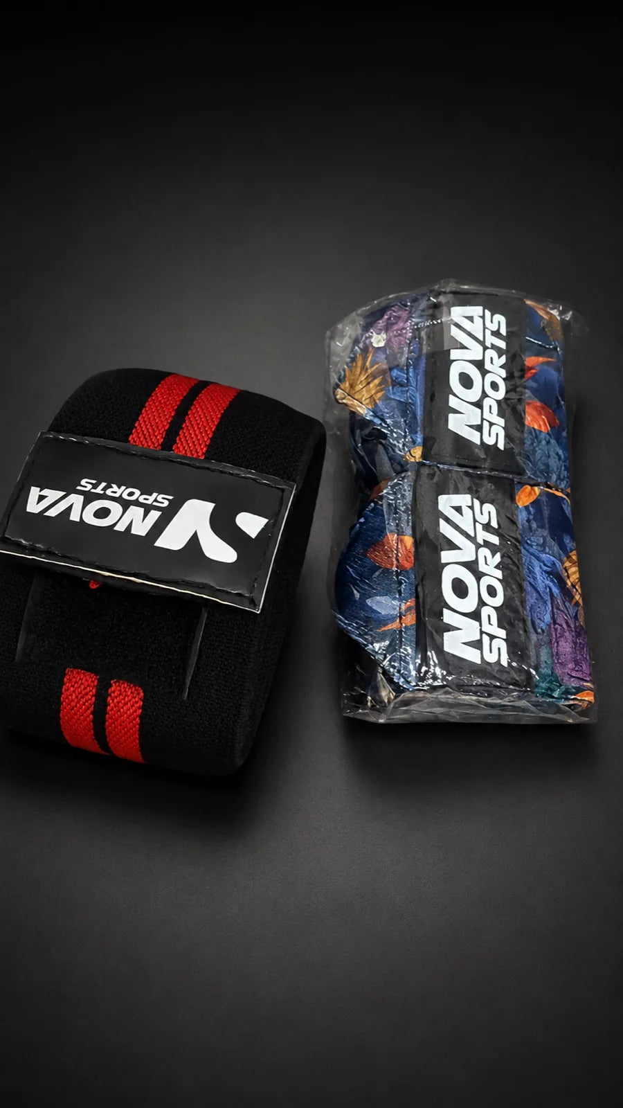 Nova Sports lifting wrist wraps, black with red stripes and tropical print — Wraps & Sleeves from Nova Sports Mauritius
