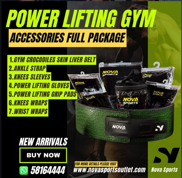Nova Sports campaign: Power Lifting Gym Accessories Full Package — a green crocodile-skin lever belt holding a tub of packed Nova accessories, listing the seven pieces included.